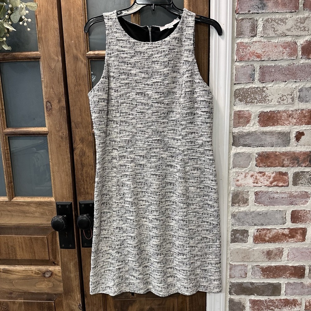 LOFT Boucle‎ Tweed Sheath Dress Lined Sleeveless Black White Career Sz 8